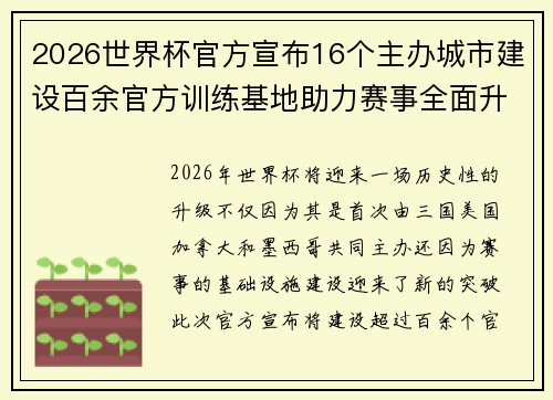 2026世界杯官方宣布16个主办城市建设百余官方训练基地助力赛事全面升级 ⚽ 2026世界杯官方宣布16个主办城市建设百余官方训练基地助力赛事全面升级 ⚽