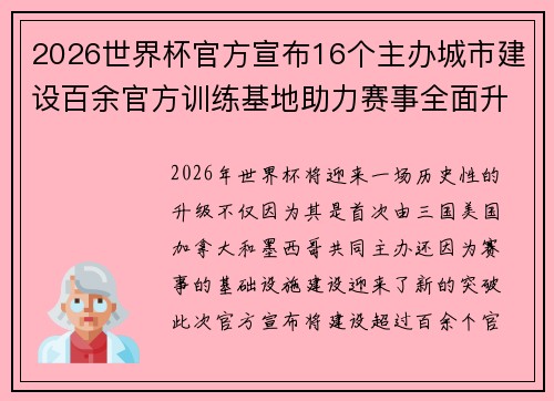 2026世界杯官方宣布16个主办城市建设百余官方训练基地助力赛事全面升级 ⚽ 2026世界杯官方宣布16个主办城市建设百余官方训练基地助力赛事全面升级 ⚽